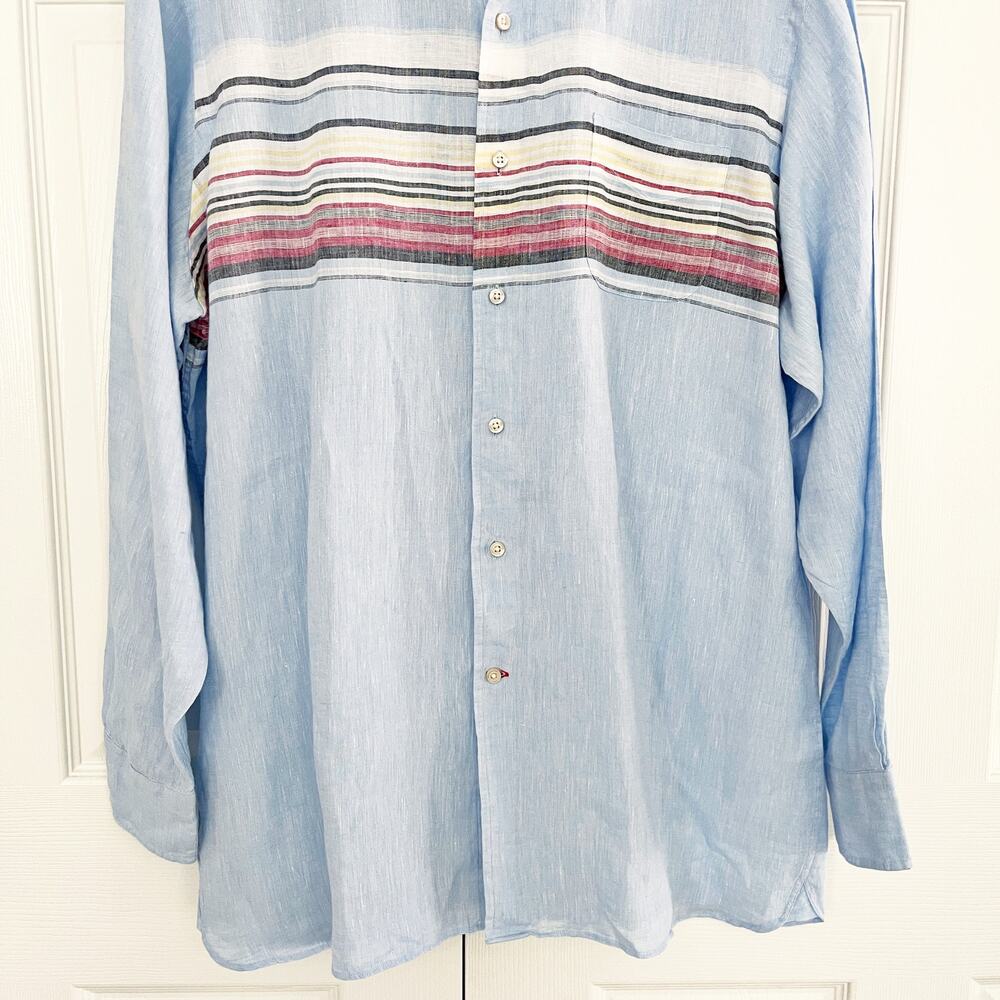 Cremieux Linen Striped Blue Long Button Up Sleeve Shirt - Picture 4 of 7